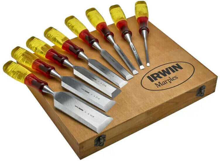 Irwin Marples MS373S8 Splitproof Flat Wood Chisel Set 8-Piece & Wooden Box