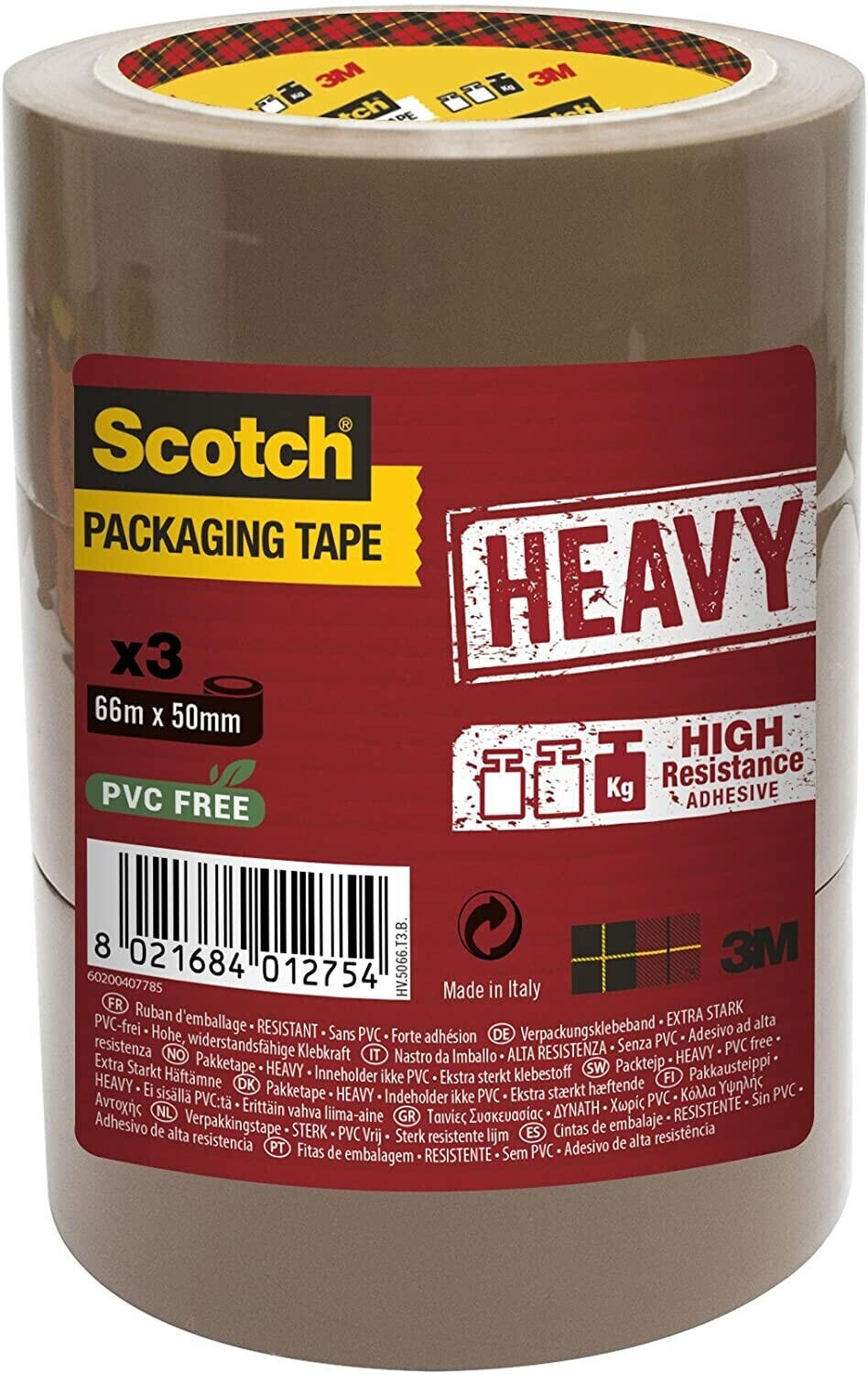 Scotch Heavy Duty Packaging Tape, 66m x 50mm, Brown, 3 Rolls