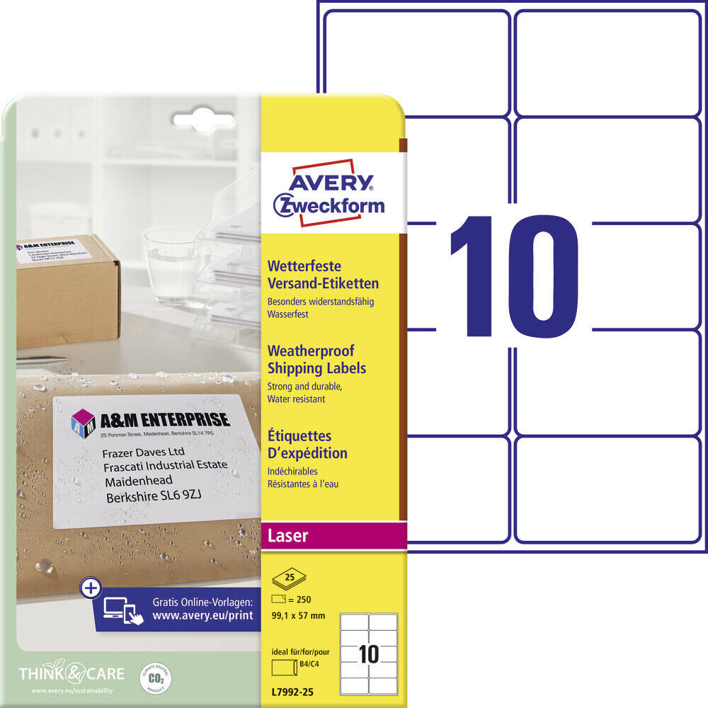 Avery Weatherproof Shipping Labels 99.1x57mm (L7992-25)