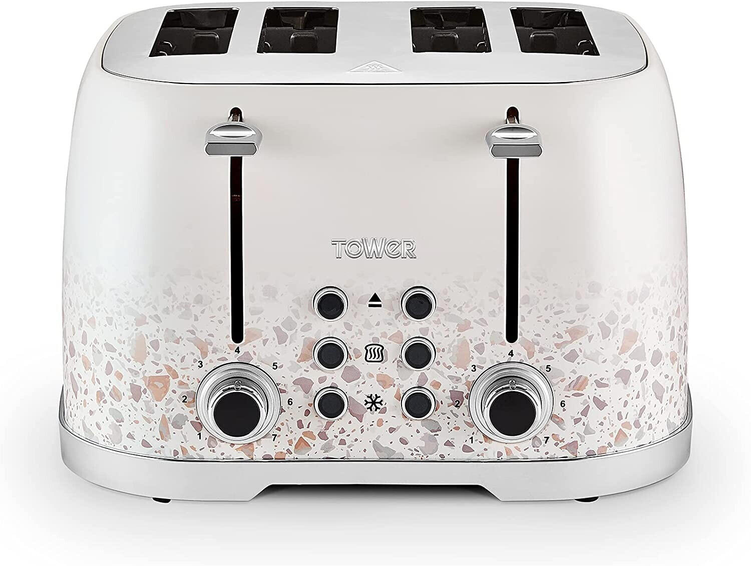 Tower T20069TAN Terrazzo 4-Slice Toaster, 1600W, Stainless Steel, White