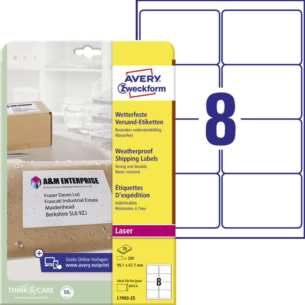 Avery Weatherproof Shipping Labels Laser 8 per Sheet 99.1x67.7mm L7993-25