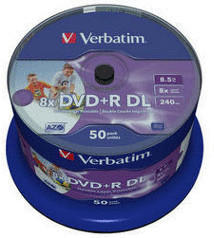 Verbatim DVD+R DL 8,5GB 240min 8x Wide Inkjet Printable No ID printable 50pk Spindle