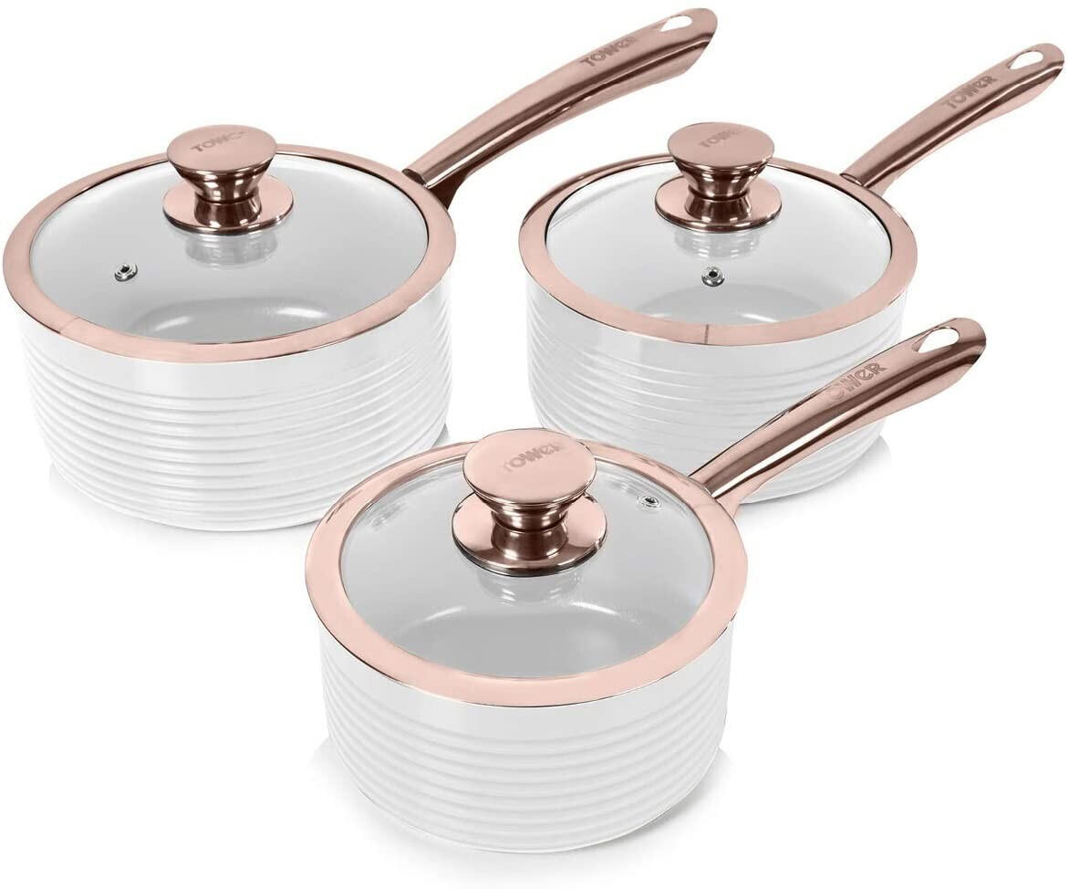 Tower Linear Induction Saucepan Set Ceramic White and Rose Gold